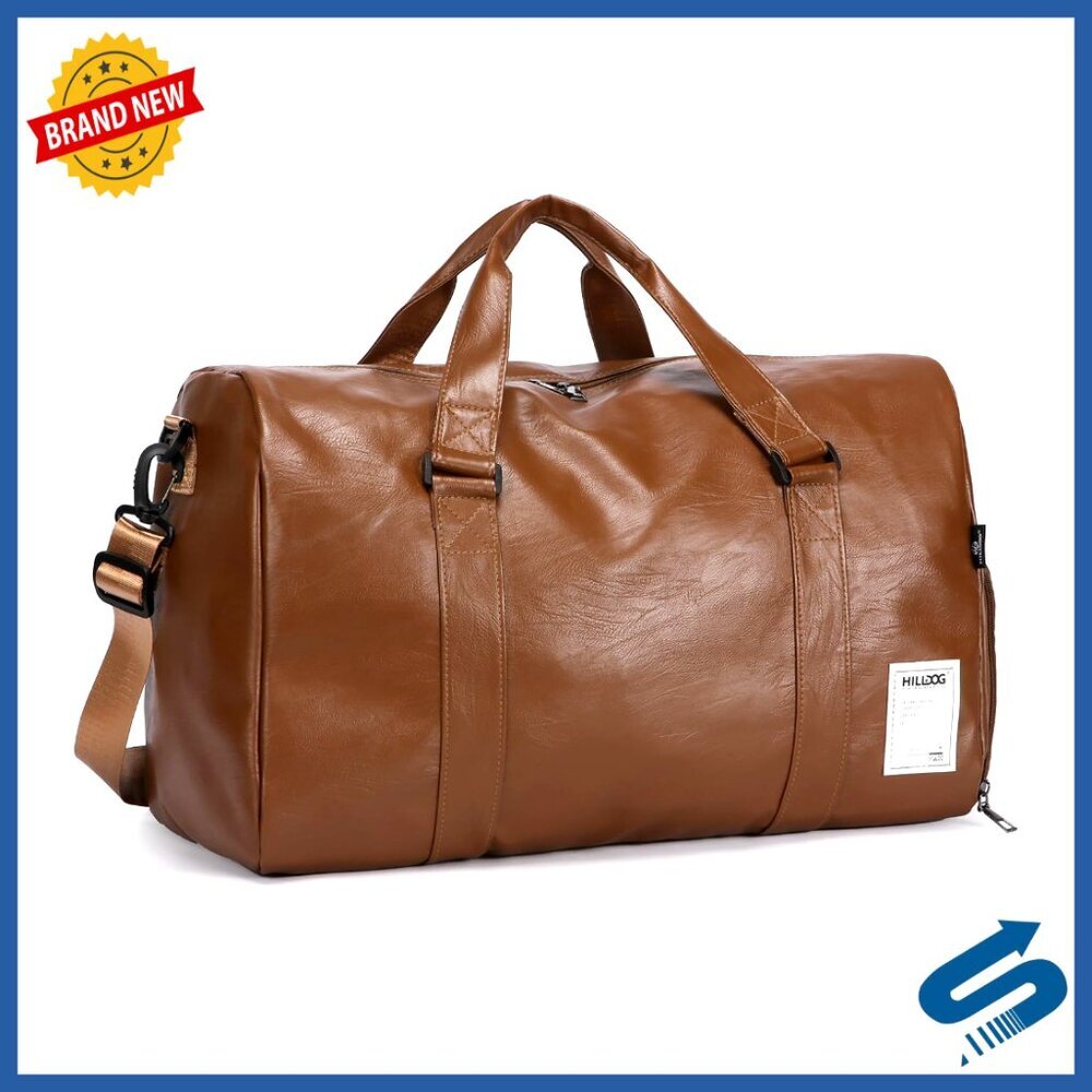 Large Leather Travel Duffel Bag with Shoe & Wet Pockets, Waterproof